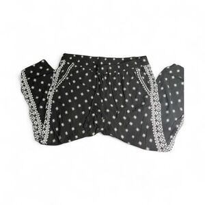 Old Navy Women's Boho Print Wide Leg Pants Black‎ White Tassel Drawstring Size L